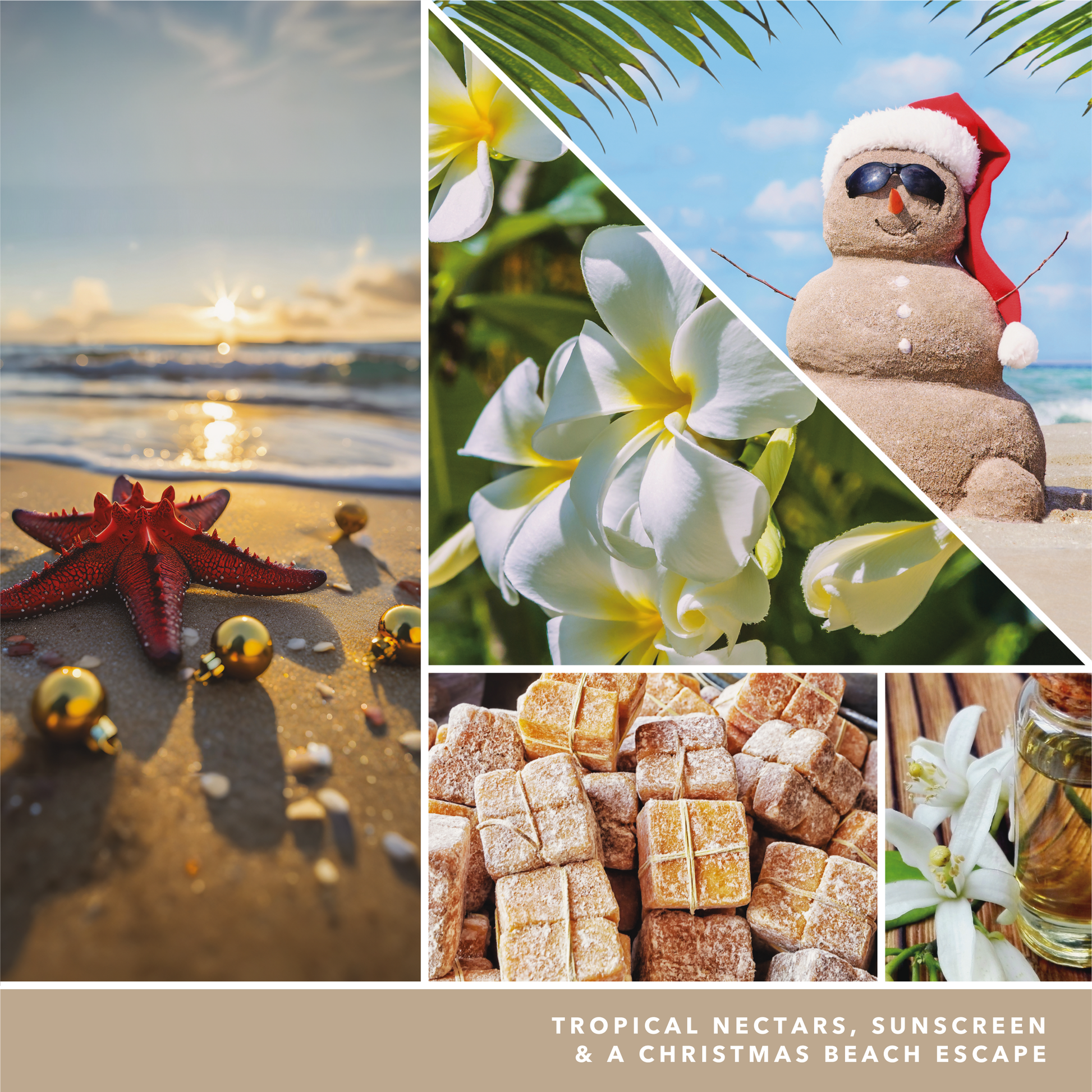 a fragrance in 2D image featuring photos of flowers, a starfish surrounded by gold ornaments, a snowman made of sand with a santa hat, and language reading tropical nectars, sunscreen, and a christmas beach escape